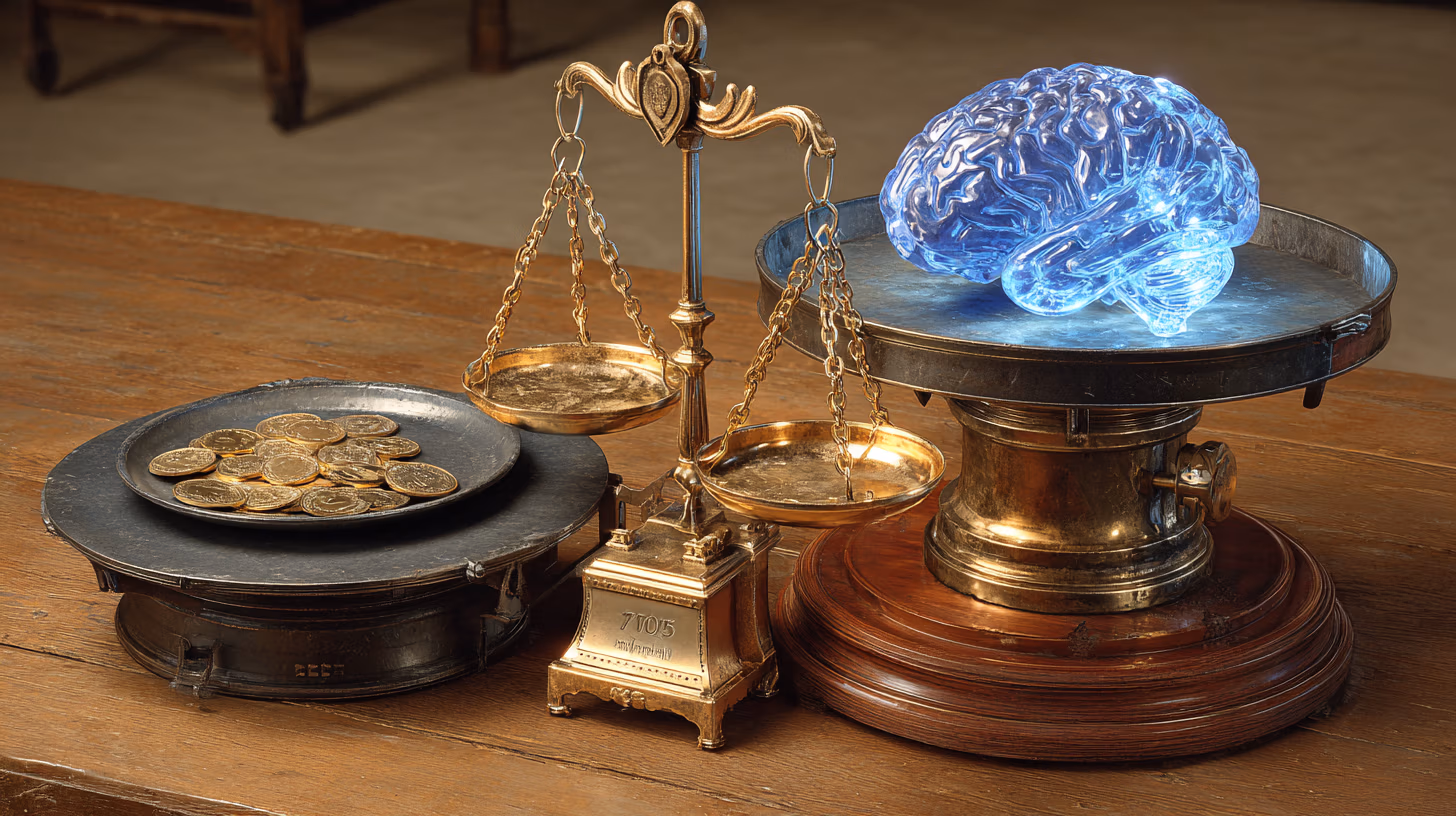 A weighing scale showing the small "cost" of an accountant (coins) versus the large "value" (a glowing brain), answering "how much does an accountant cost?"