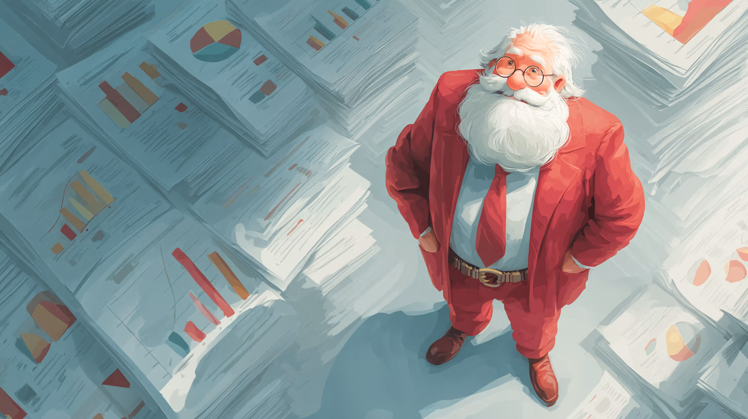 Accountant suffering from 'Santa Claus Syndrome' surrounded by old reports, delivering a surprise tax bill to a frustrated business owner