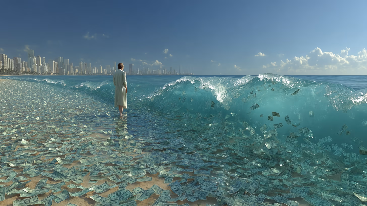 Businessperson walking through money waves.